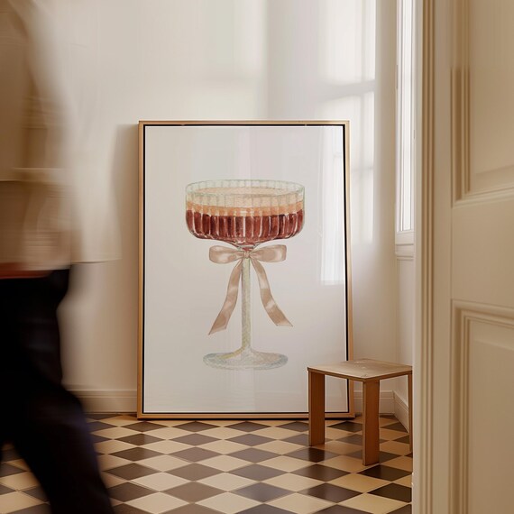 Wine Coupe Glass With Bow Watercolor Coquette Bar Cart Poster