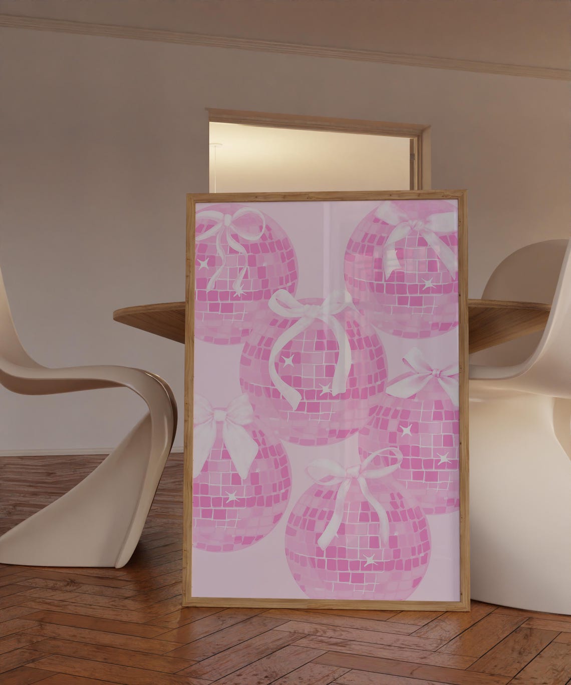 Pink Disco Ball With White Bows Trendy Aesthetic Party Wall Art - Image 2