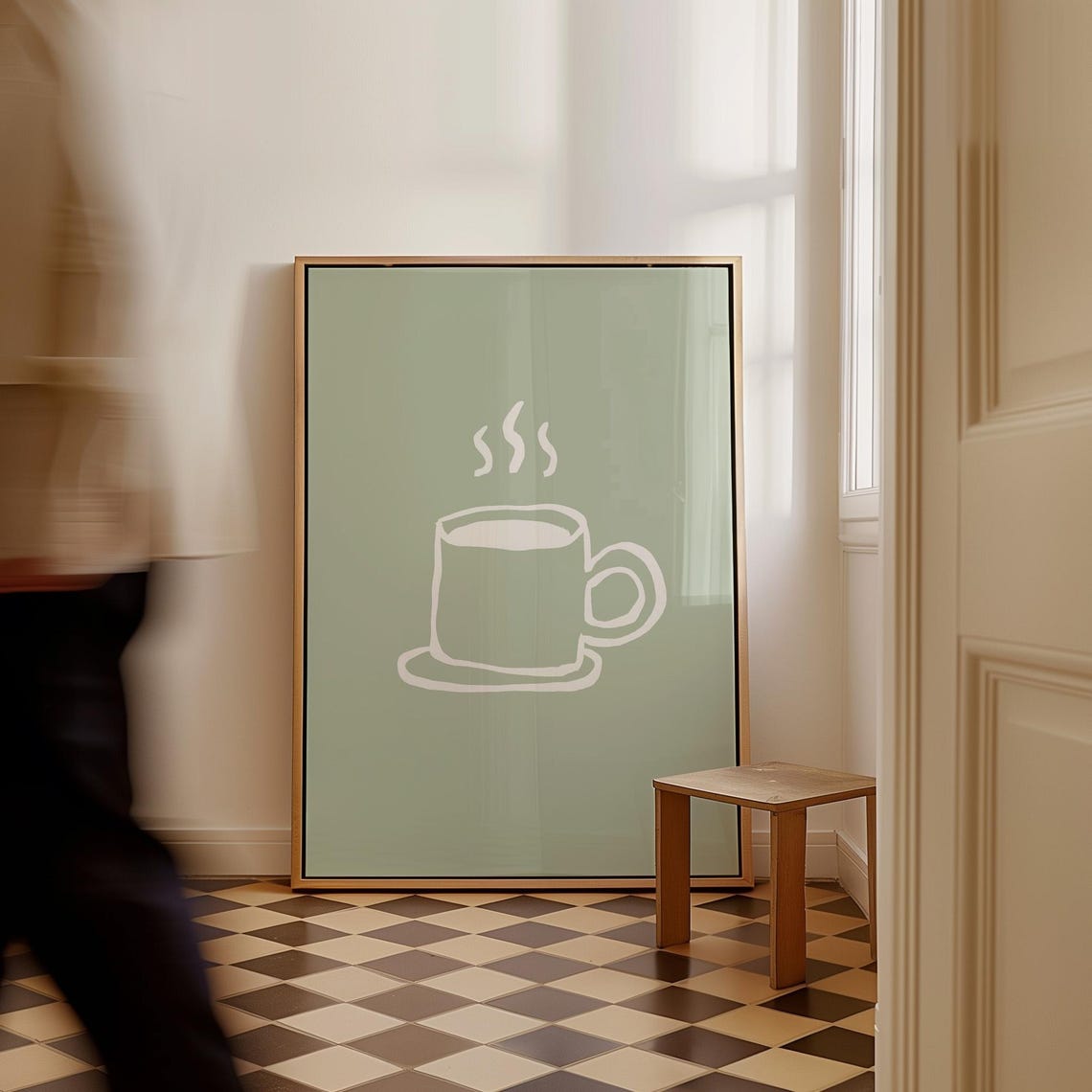 Sage Green Coffee Cup Cream Line Art Minimalist Kitchen Poster - Image 4