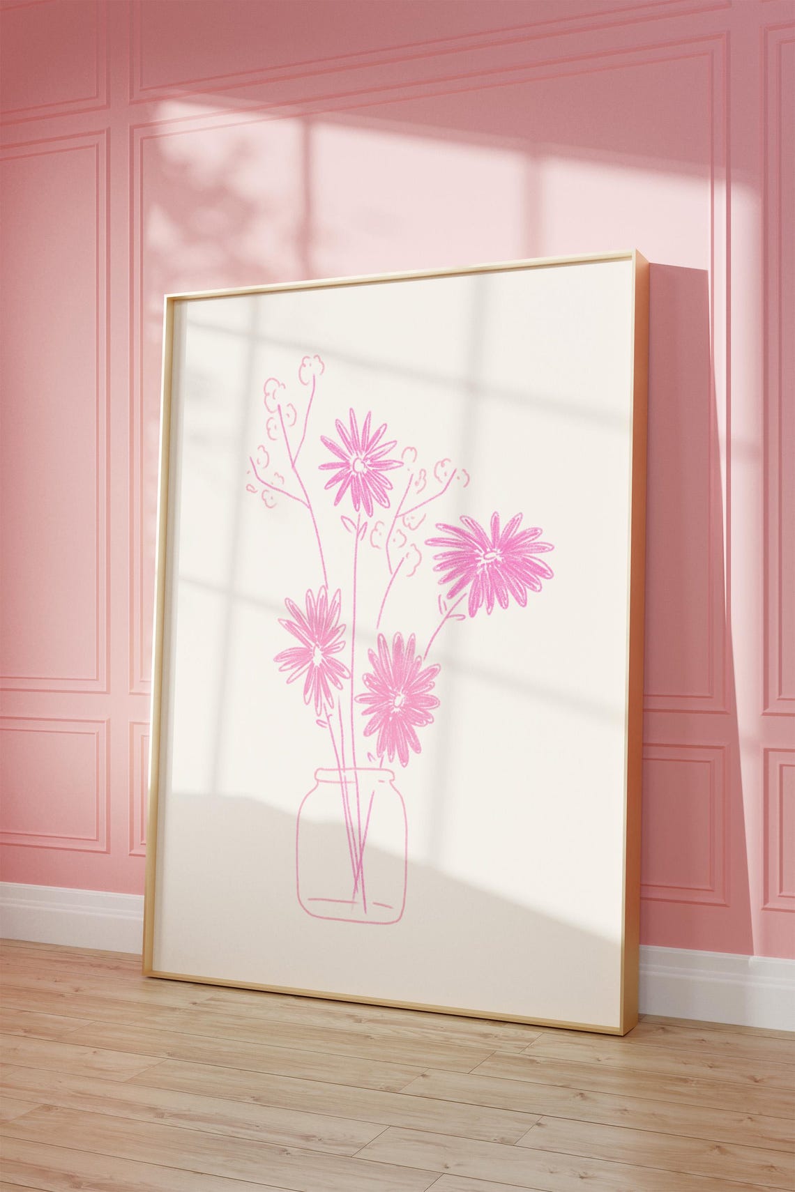Pink Daisy Flowers Mason Jar Line Art Sketch Minimalist Floral Poster