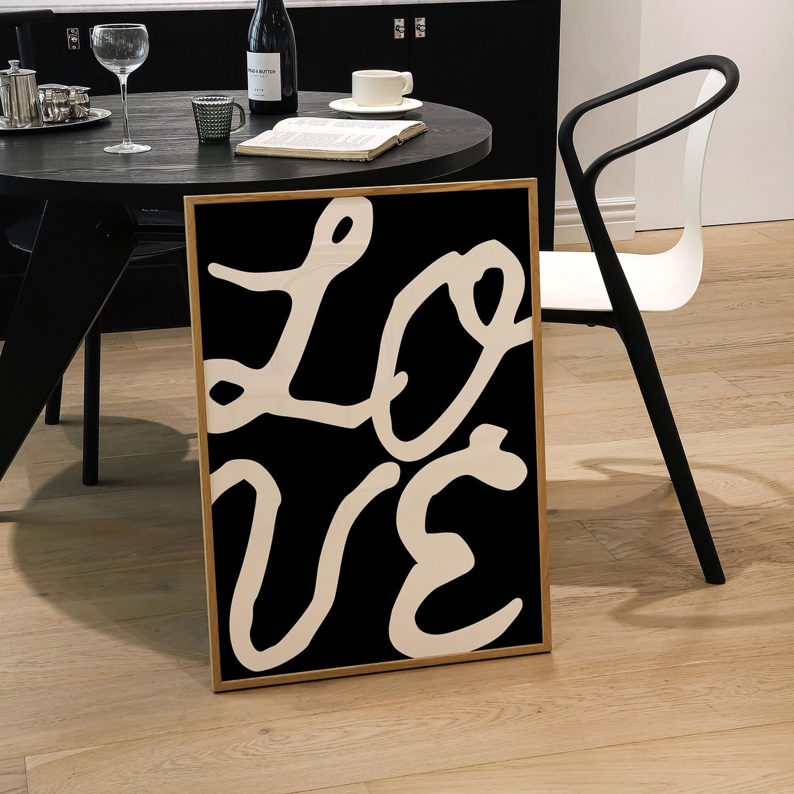 Love Calligraphy Typography Black Cream Modern Statement Wall Art - Image 3