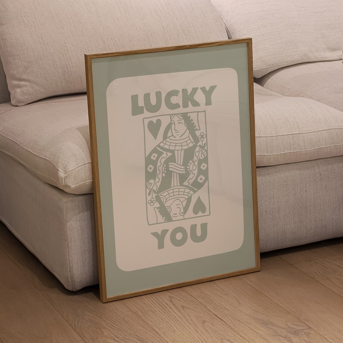 Lucky You Queen of Hearts Sage Green Playing Card Trendy Wall Poster