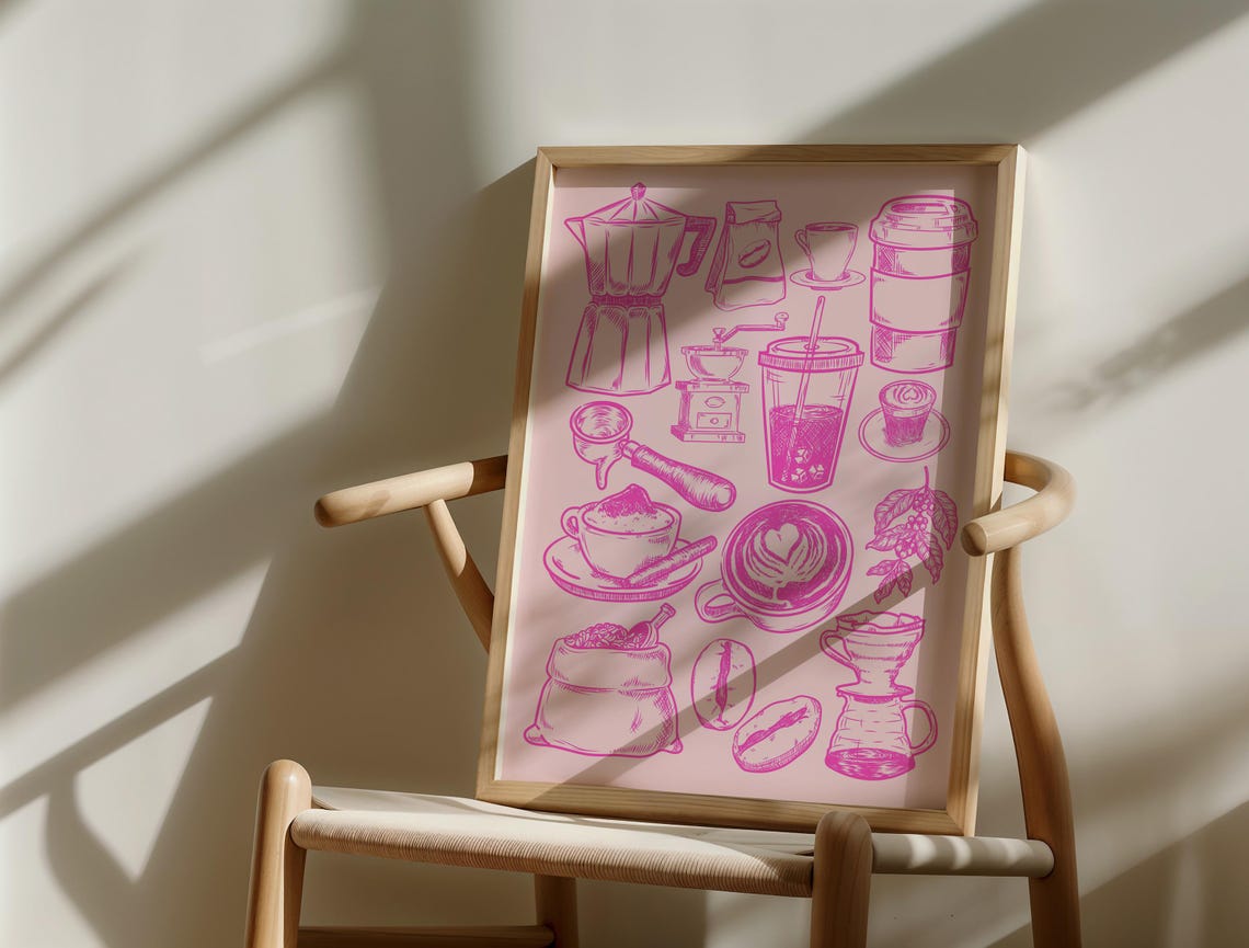 Pink Coffee Collage Line Art Kitchen Bar Sketch Girly Art Poster - Image 4