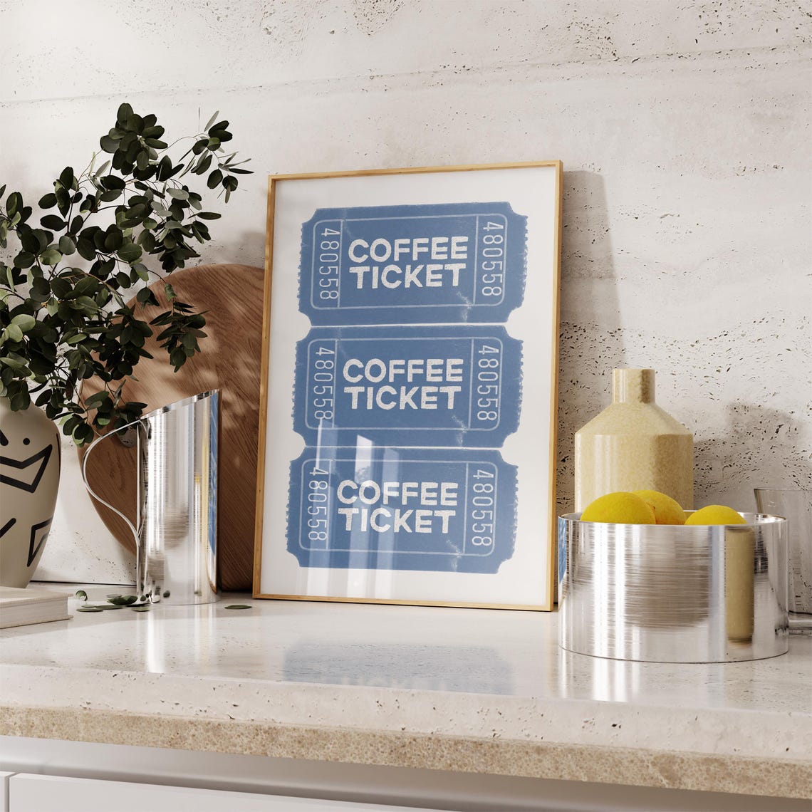 Kitchen Wall Art Coffee Bar Prints Trendy Navy Blue Ticket