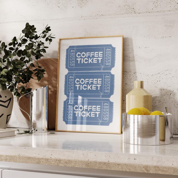 Kitchen Wall Art Coffee Bar Prints Trendy Navy Blue Ticket