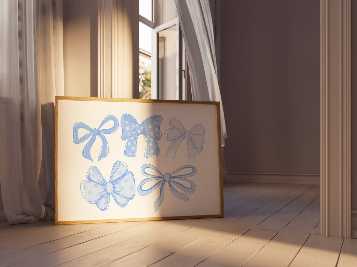 Five Blue Hand Drawn Bow Illustrations Coquette Ribbon Wall Poster - Image 3
