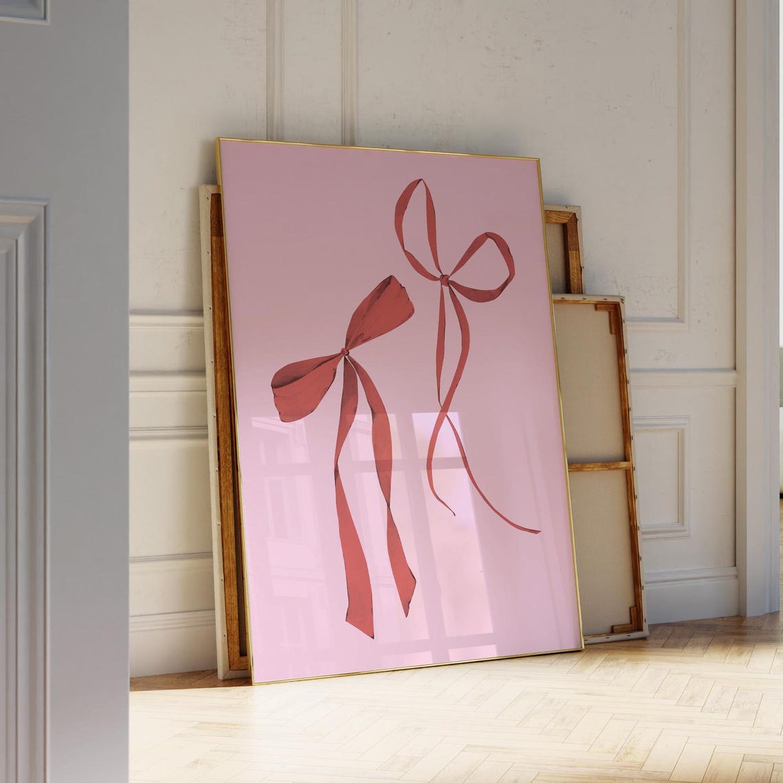 Red Ribbon Bows Pink Background Trendy Aesthetic Coquette Wall Art - Image 3