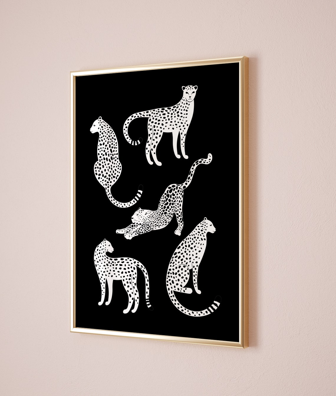 White Cheetah Illustrations On Black Maximalist Trendy Wall Art