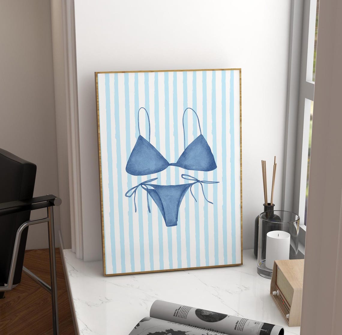 Blue Bikini Beach Watercolor Coastal Summer Swim Wall Poster - Image 3