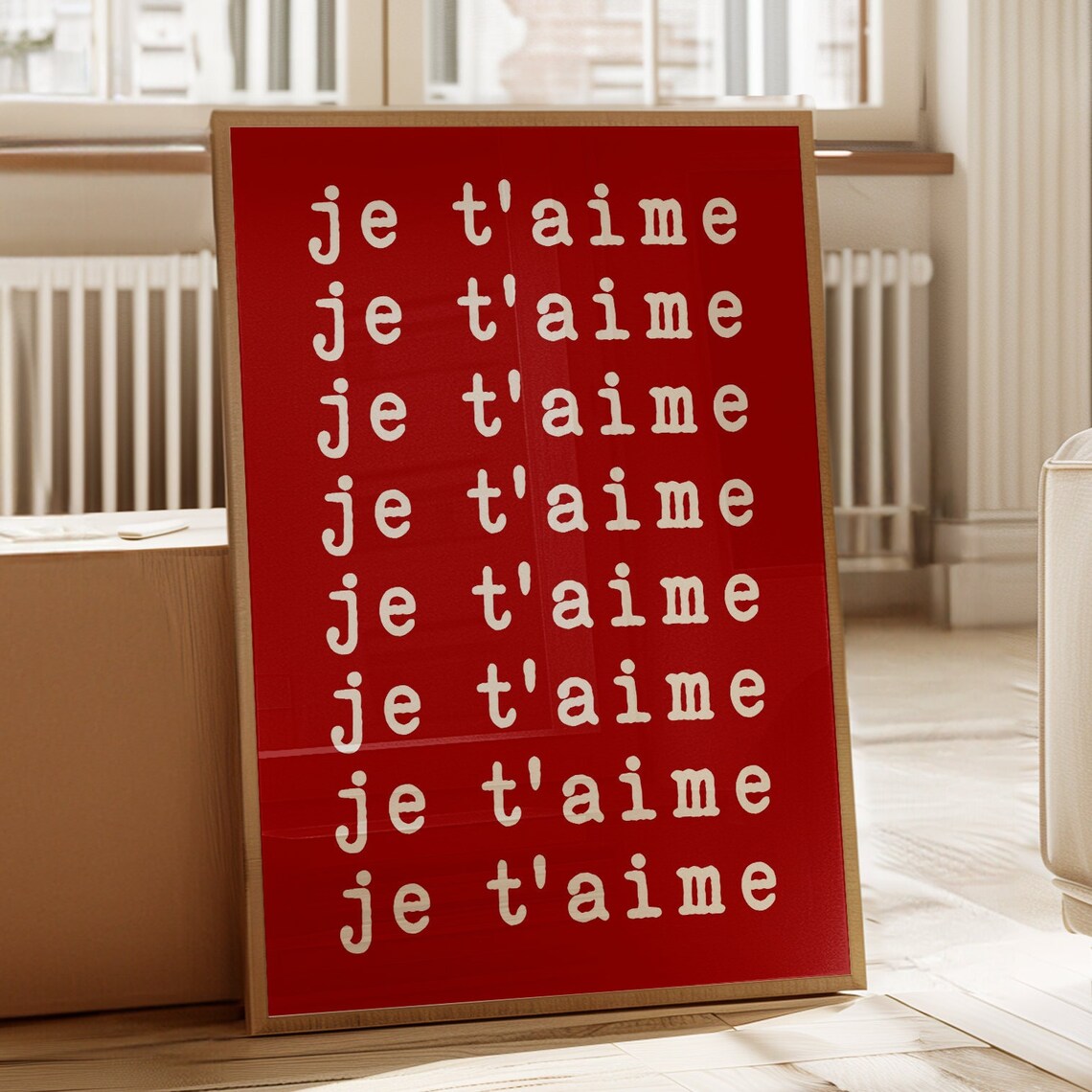French Je Taime Love Phrase Repeated Red Typographic Wall Art Print