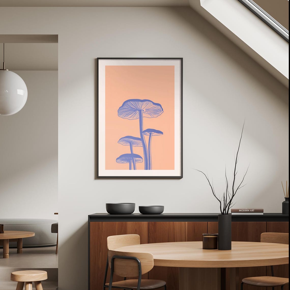 Blue Mushrooms Peach Background Botanical Illustration Poster - Image 3