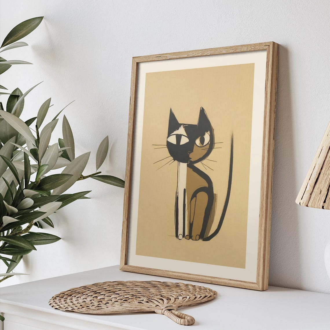 Mid Century Modern Black Cat Line Art Beige Minimalist Poster