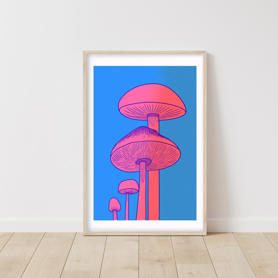 Pink Mushroom Neon Pop Art Blue Cottagecore Decor Charming Poster
