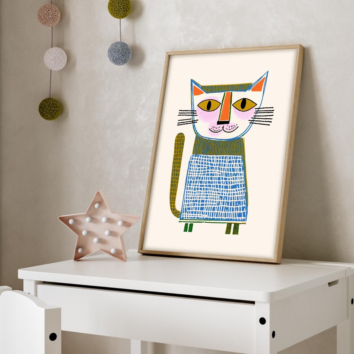 Funky Cartoon Cat Folk Art Portrait Modern Pet Decor Charming Poster
