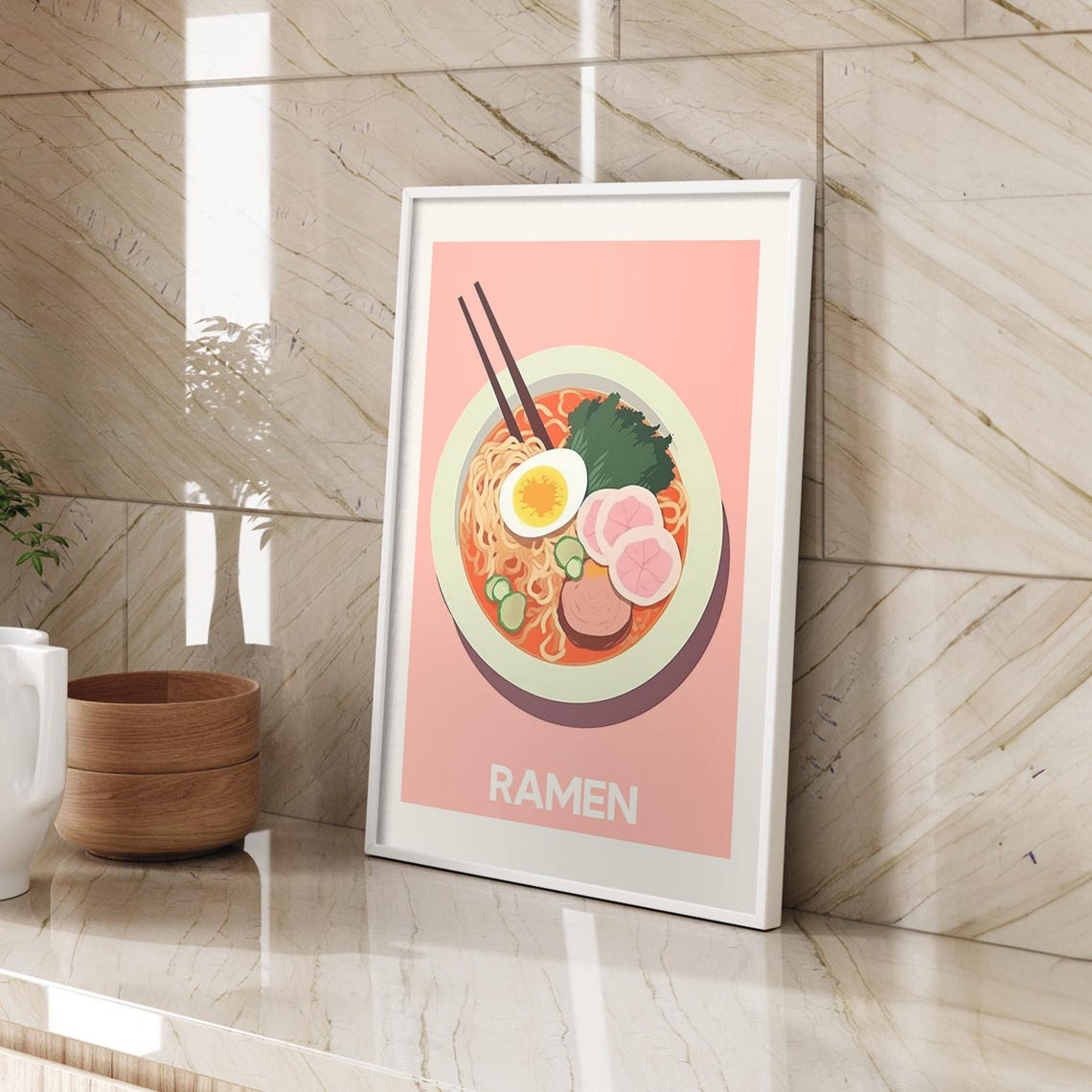 Ramen Bowl Japanese Noodle Soup Art Pink Kitchen Decor Poster