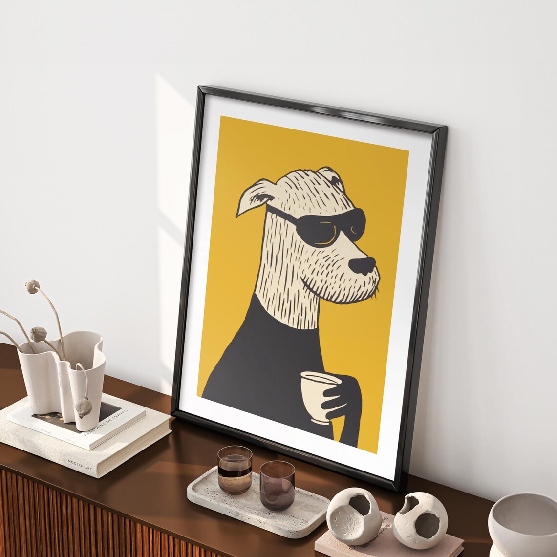 Cool Dog Sunglasses Coffee Mustard Yellow Funny Animal Poster