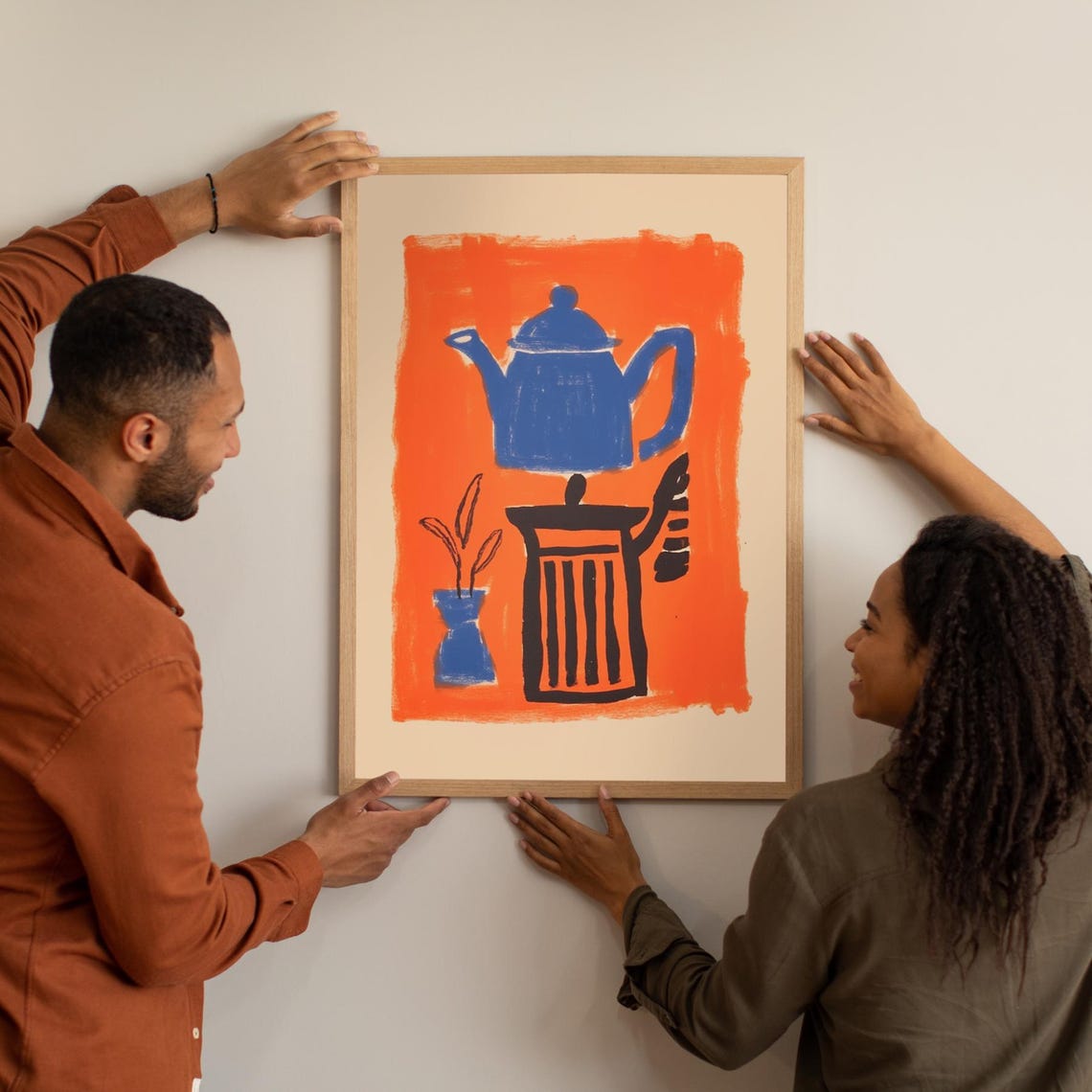 Abstract Blue Teapot Vivid Orange Kitchen Still Life Charming Poster - Image 4