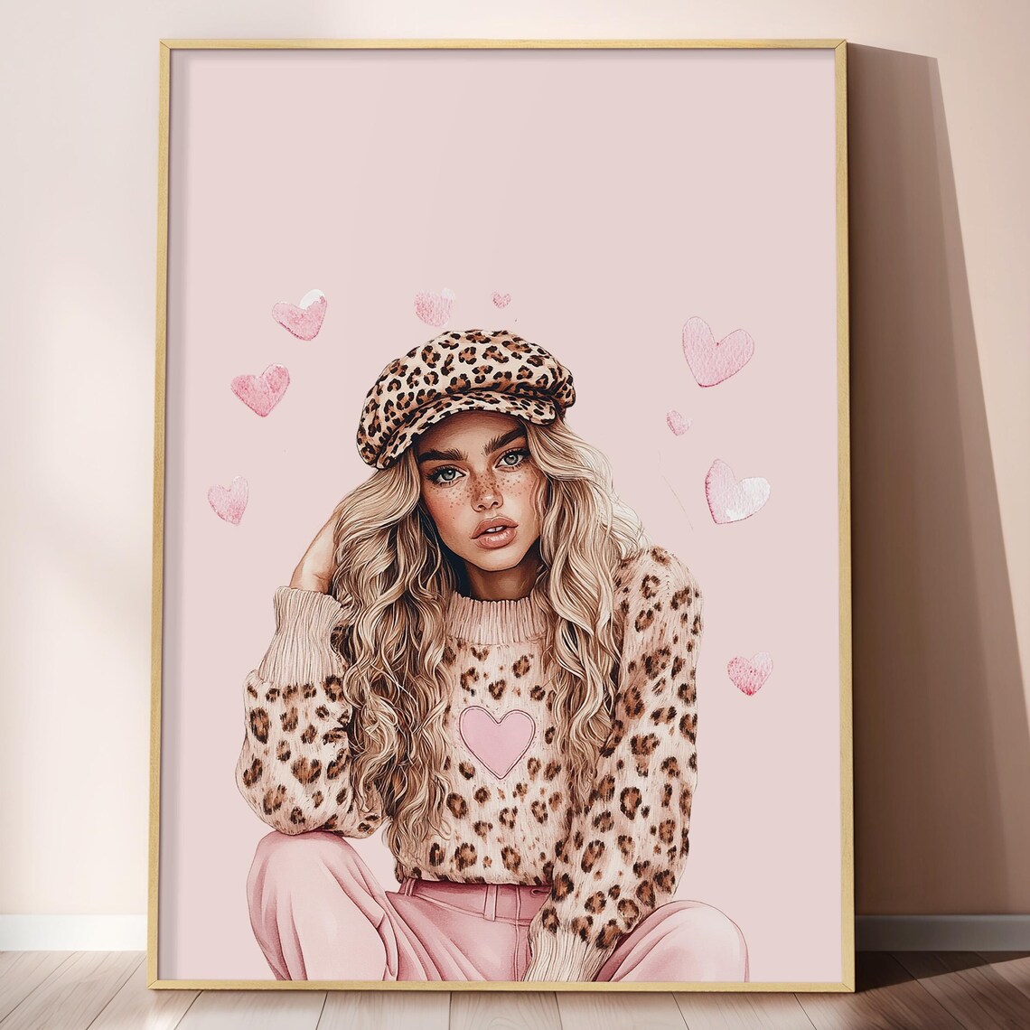 Leopard Girl Pink Heart Sweater Valentine Fashion Art Poster - Image 3