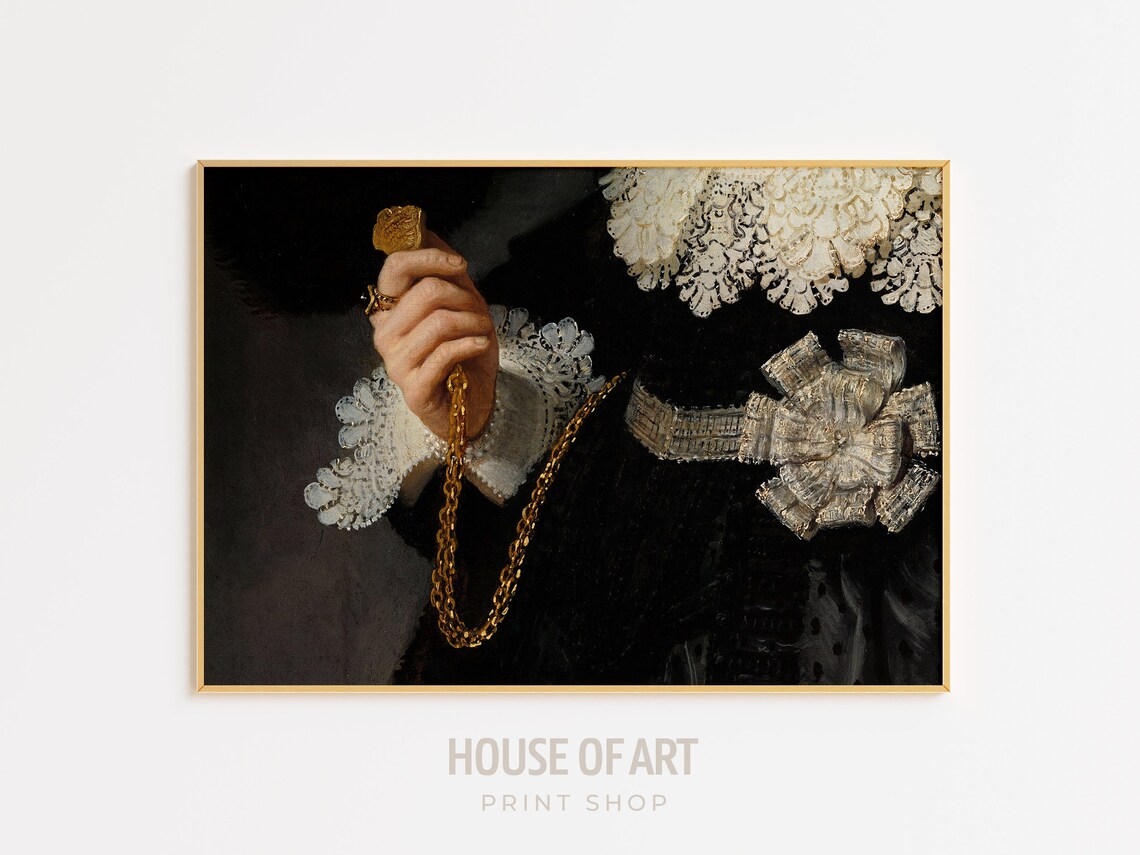 Antique Portrait Hand Gold Chain Lace Collar Dark Vintage Oil Painting Print - Image 3