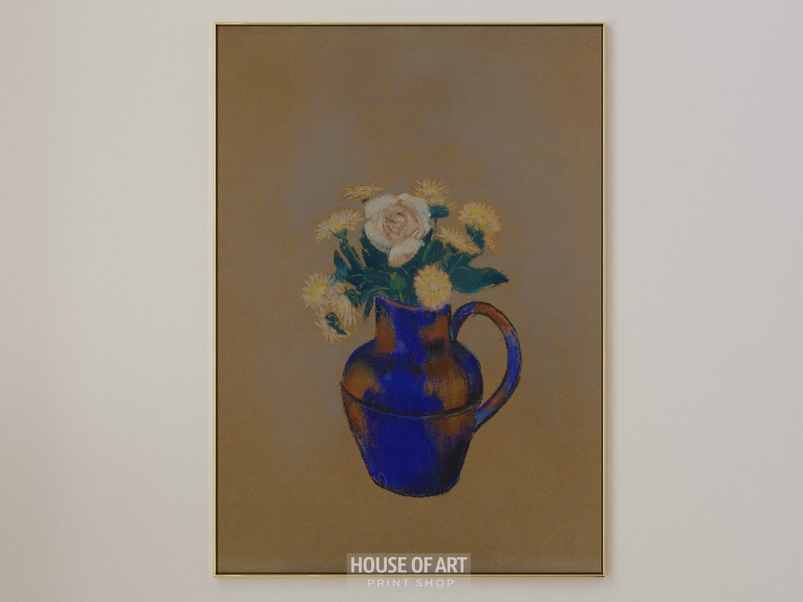 White Rose Bouquet In Blue Cobalt Jug Floral Still Life Art Print - Image 3