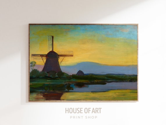 Windmill In The Evening Dutch Landscape Oil Painting Sunset Golden Sky Silhouette Mill Polder Dusk Water Reflection Wall Art