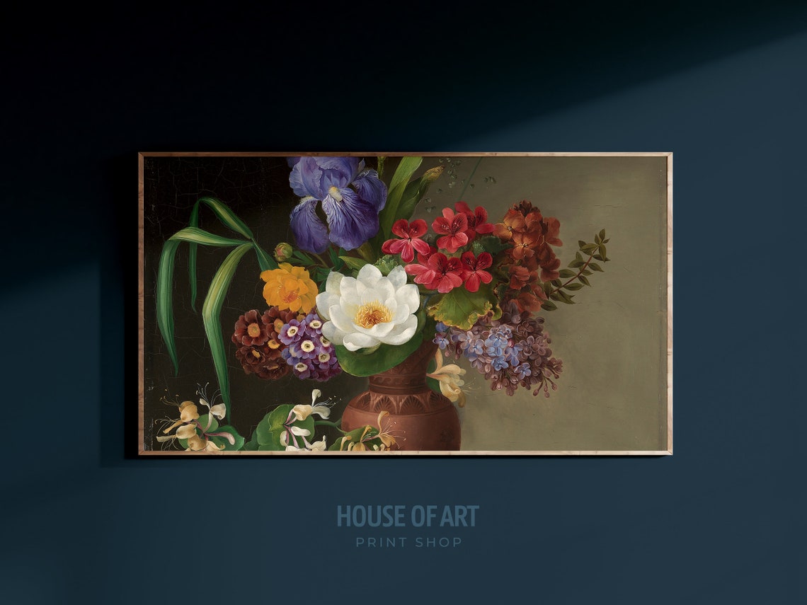 Lush Bouquet Terracotta Vase Iris Geranium Vintage Floral Poster - Image 3