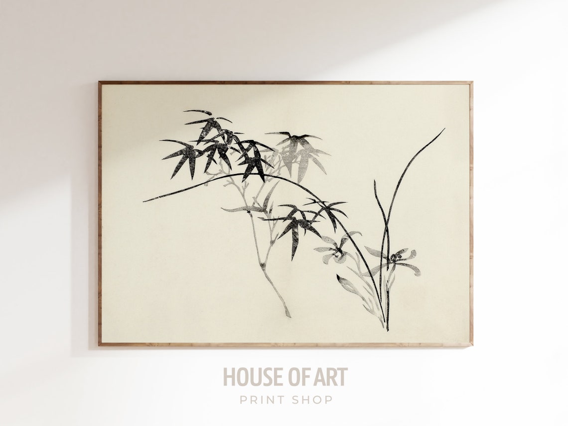Japanese Ink Wash Bamboo Orchid Minimal Botanical Wall Art Print