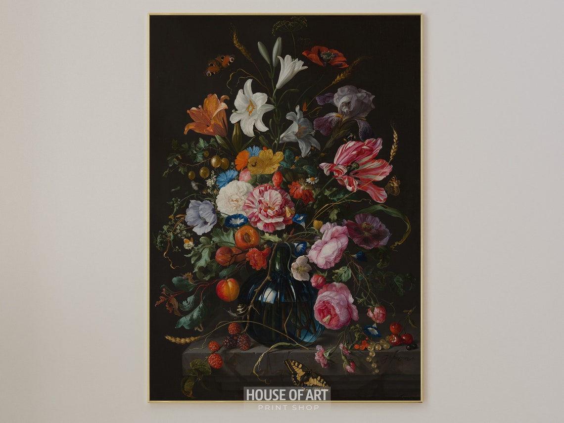Lavish Dutch Still Life Blue Vase Berries Antique Floral Print