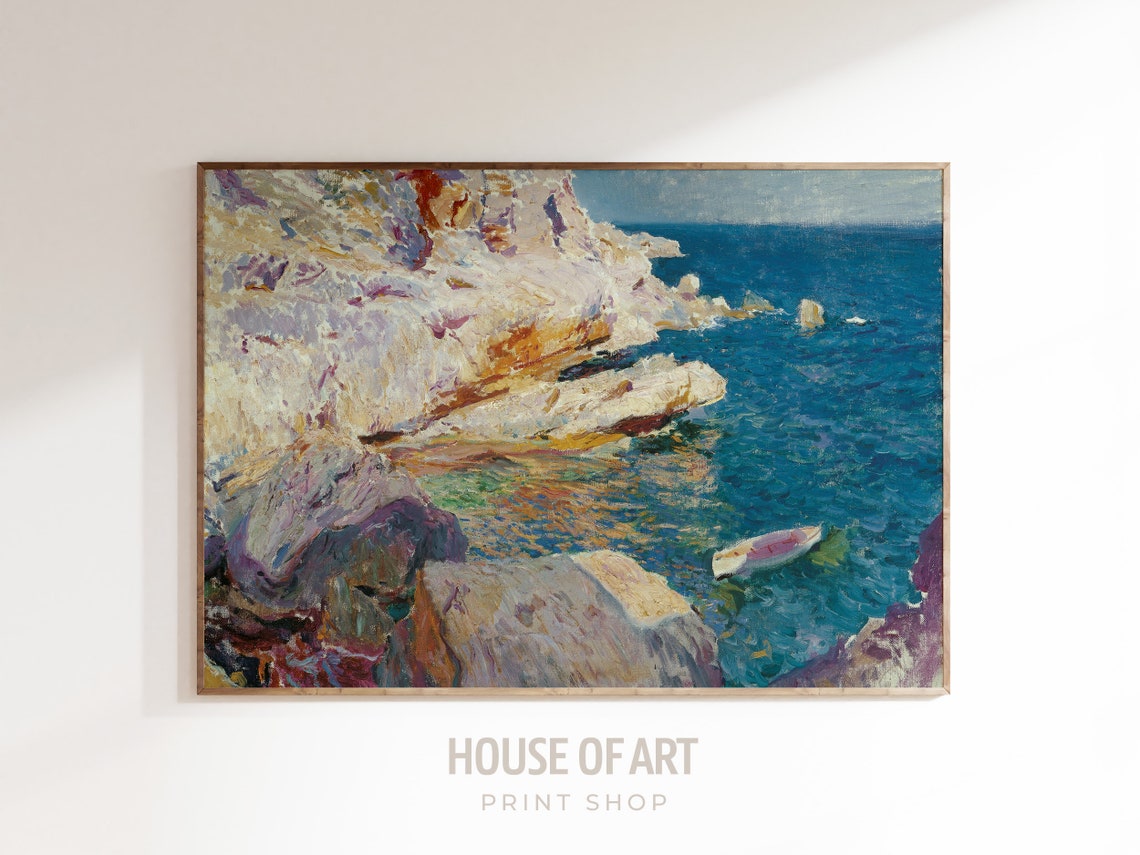 Mediterranean Rocky Coast White Boat Impressionist Oil Painting Print