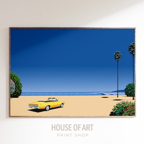 Retro Beach Yellow Convertible Classic Car Palm Trees City Pop Art Poster