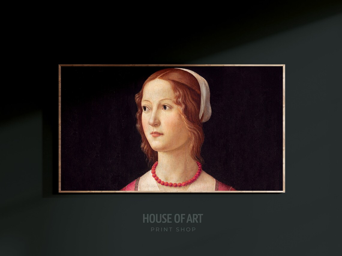 Renaissance Young Woman Red Bead Necklace White Veil Vintage Portrait Print - Image 3