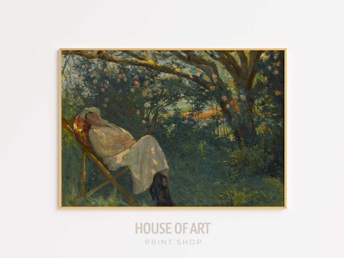 Lady In The Shade Artwork Woman In Garden Instant Print Portrait In Pink Dress On A Chaise Longue Oil Painting