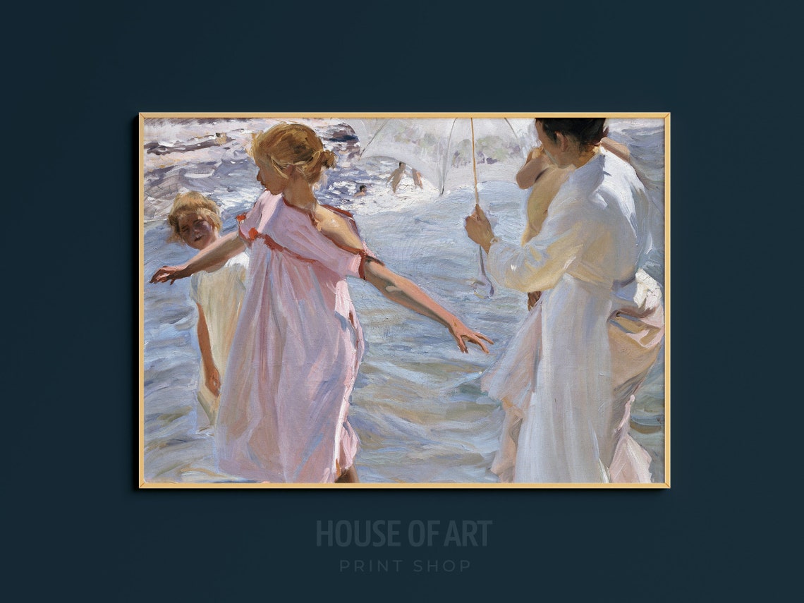 Children Playing Beach Pink Dress Parasol Sunlit Impressionist Print - Image 3