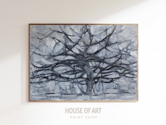 Abstracted Gray Tree Artwork Cubism Nature Instant Print Cubist Oval Plant Grey Monochrome Faceted Oil Painting