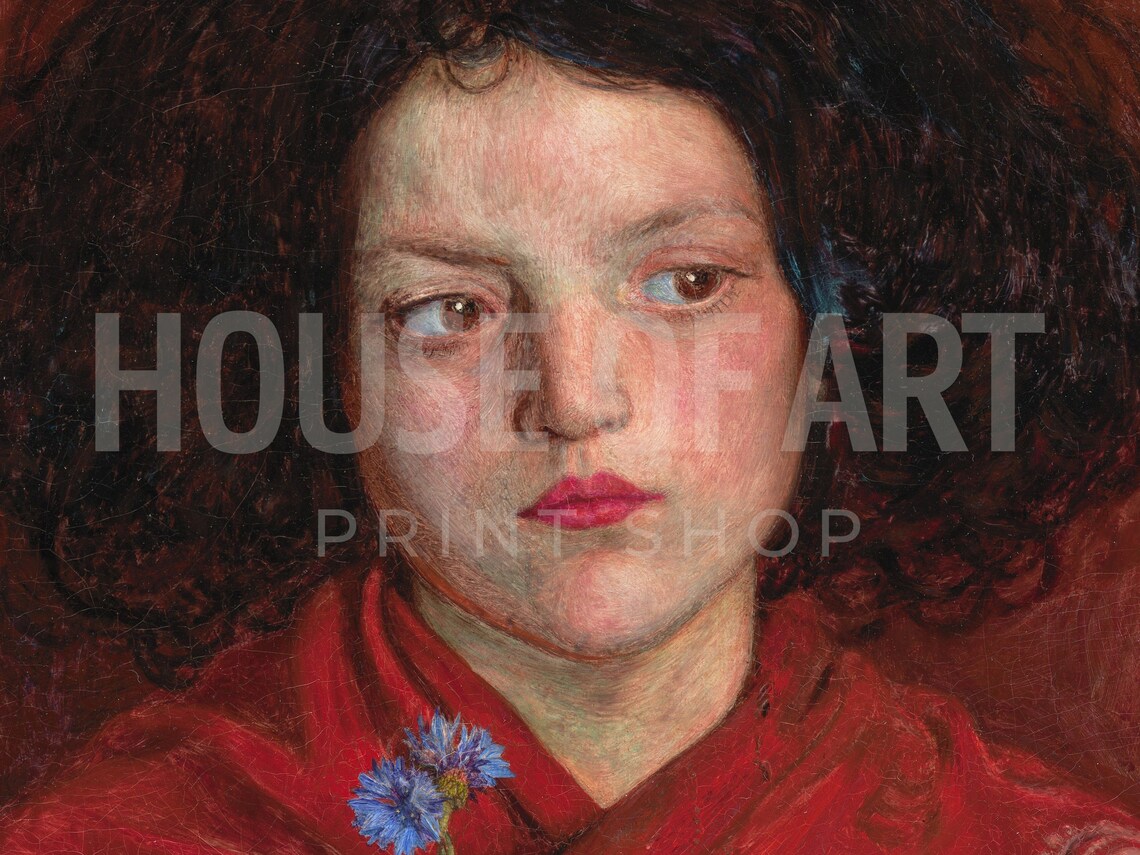 Vintage Irish Girl Portrait Dark Curls Red Garment Cornflower Art Print - Image 2