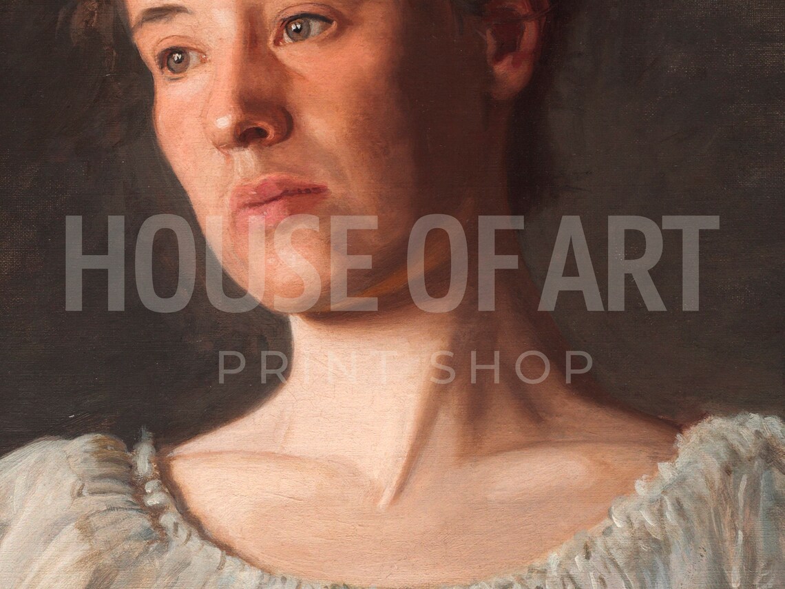 Dreamy Young Woman Portrait Vintage Oil Painting Soft Gaze Print - Image 2
