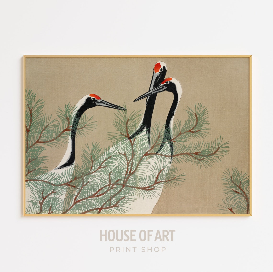 Three Red Crowned Cranes Pine Japanese Woodcut Bird Art Poster