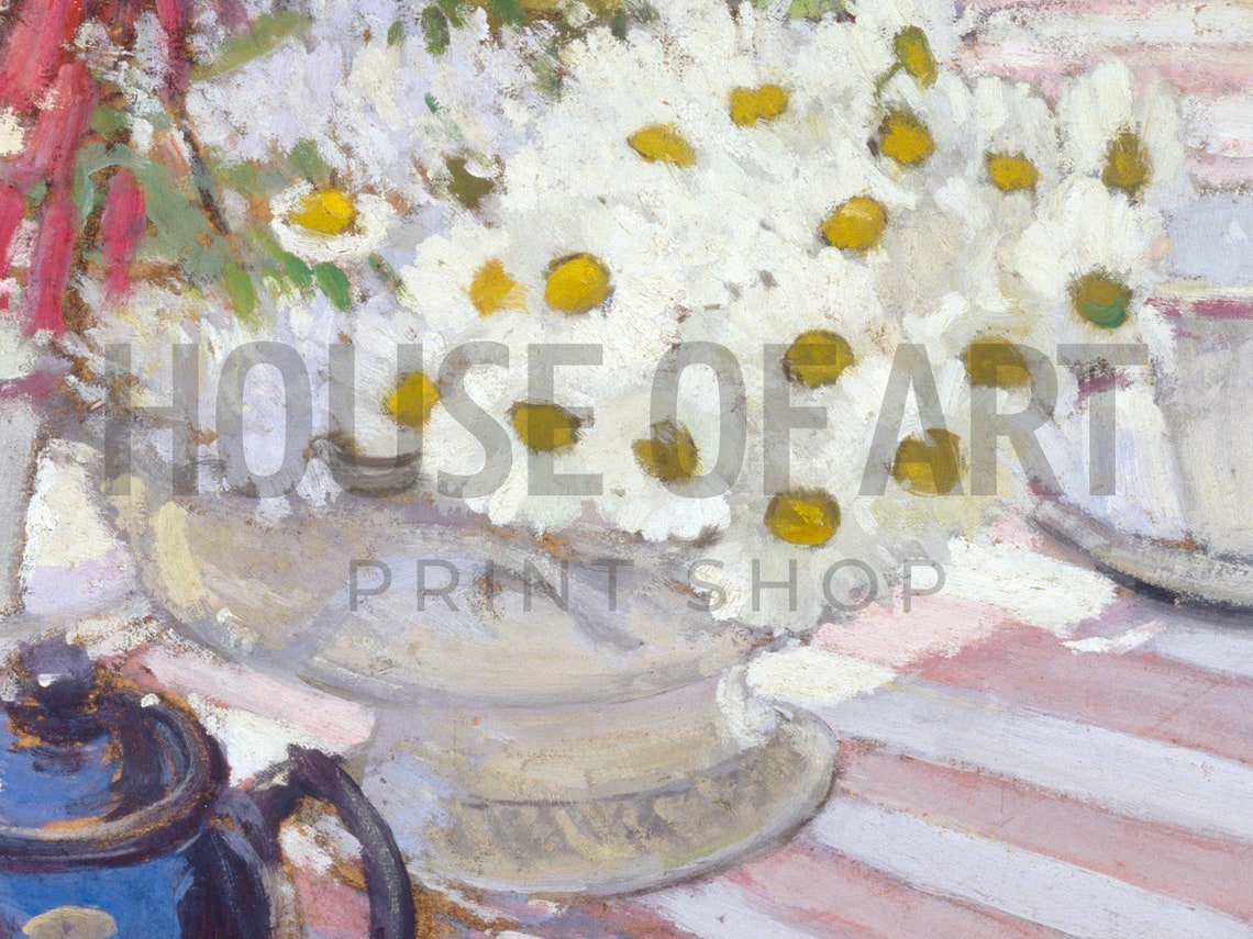 Daisies Blue Teapot Pink Striped Tablecloth Bright Still Life Poster - Image 2