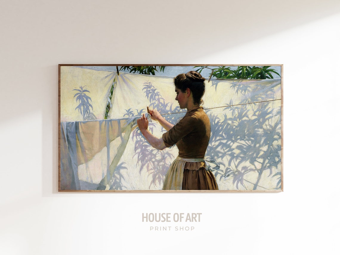 Woman Hanging Laundry In Sunlit Garden Vintage Oil Painting Art Print - Image 3