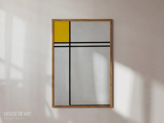 Abstract De Stijl Print Composition With Yellow Black Lines On White Background Geometric Oil Painting Print Wall Art