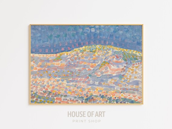 Abstract Dune Artwork Colorful Landscape Instant Print Pointillism Modern Dutch Coast Oil Painting Vast Nature