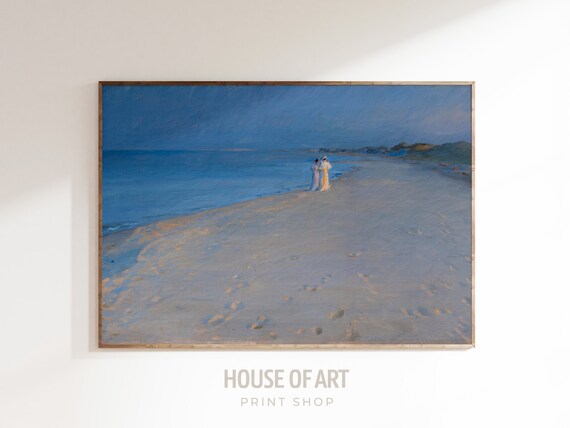 Moonlit Beach Night Walk Blue Hour Coastal Oil Painting Print