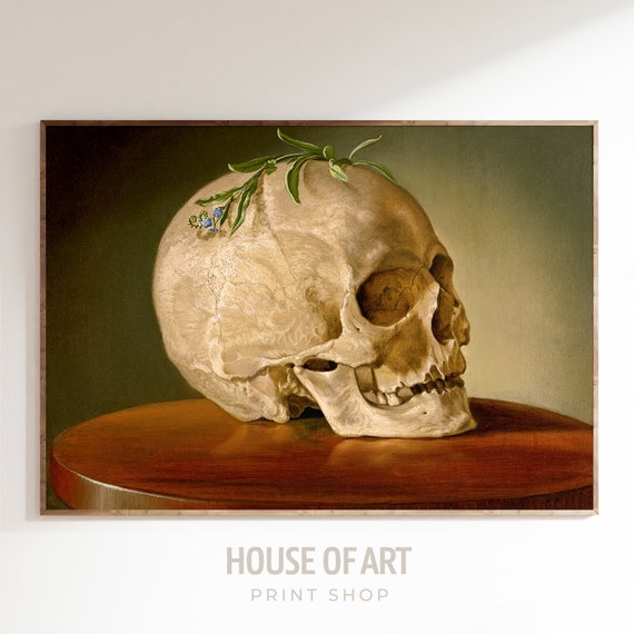 Skull And A Forget Me Not Vanitas Still Life Vintage Oil Painting Memento Mori Artwork Mortality Gallery Wall Print Wall Art