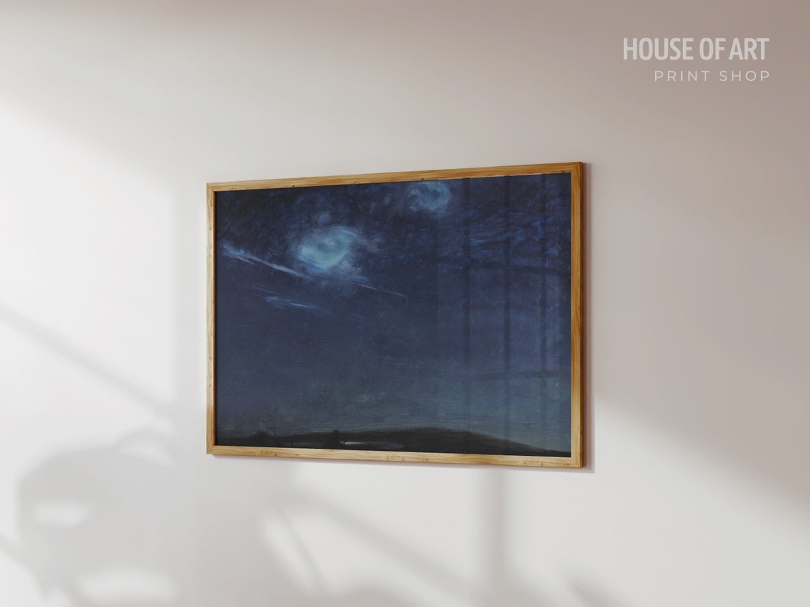 Dark Indigo Night Sky Oil Painting Moody Moonlit Cloud Wall Art Poster - Image 3