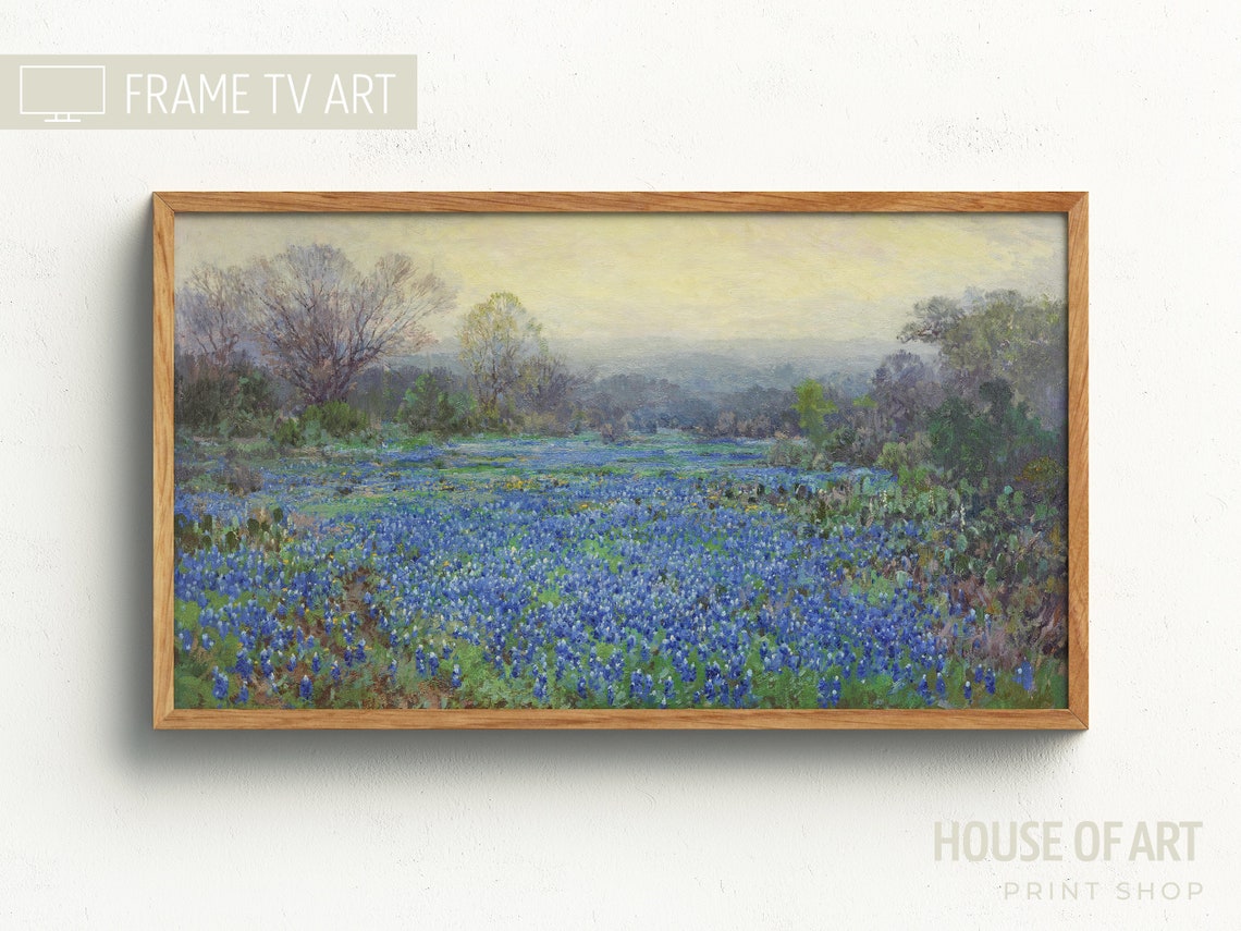 Texas Bluebonnet Field Blue Wildflowers Morning Light Vintage Poster
