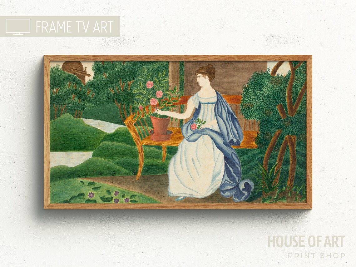 Woman Sitting Garden Bench Vintage Naive Painting Green Greenery Poster
