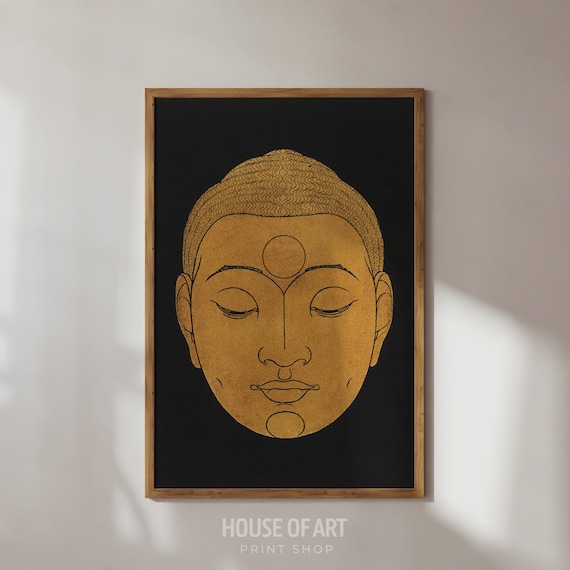 Golden Buddha Face Black Background Zen Woodcut Spiritual Wall Poster