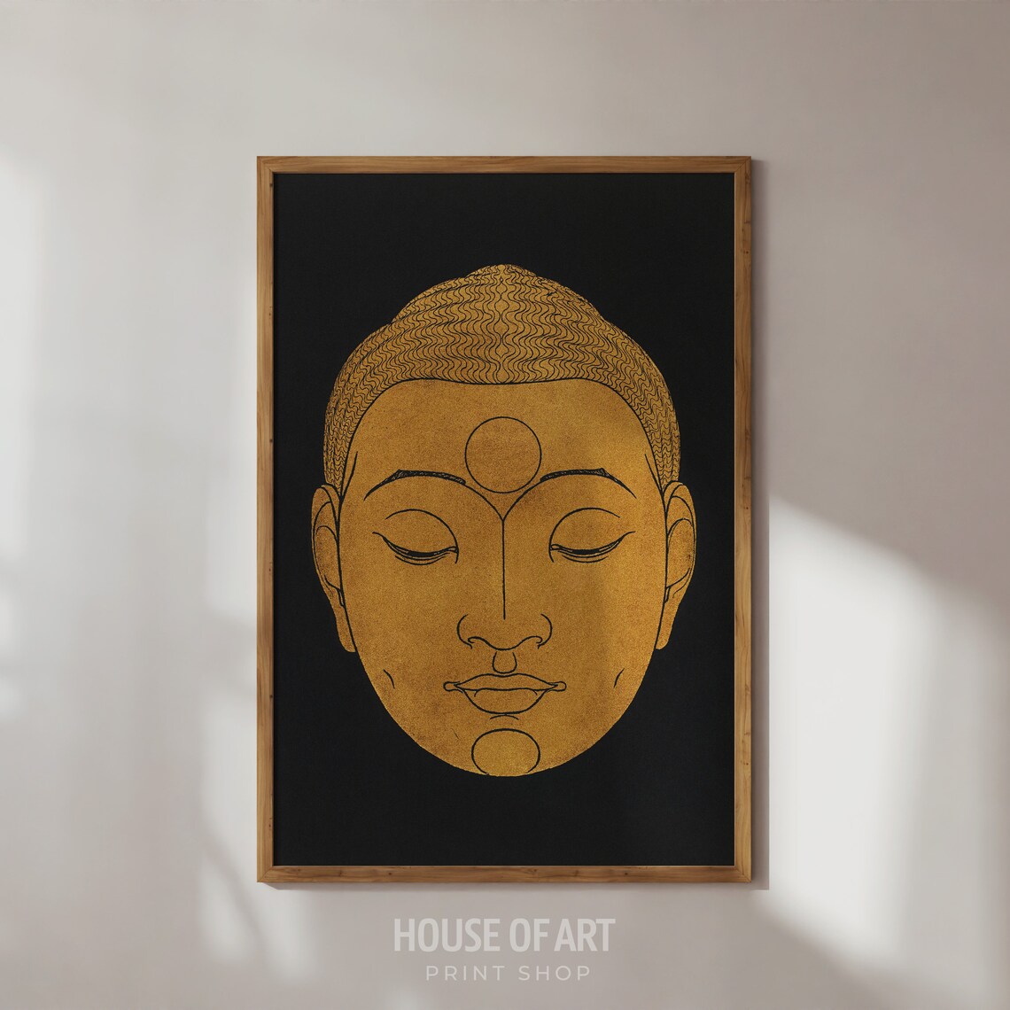 Golden Buddha Face Black Background Zen Woodcut Spiritual Wall Poster