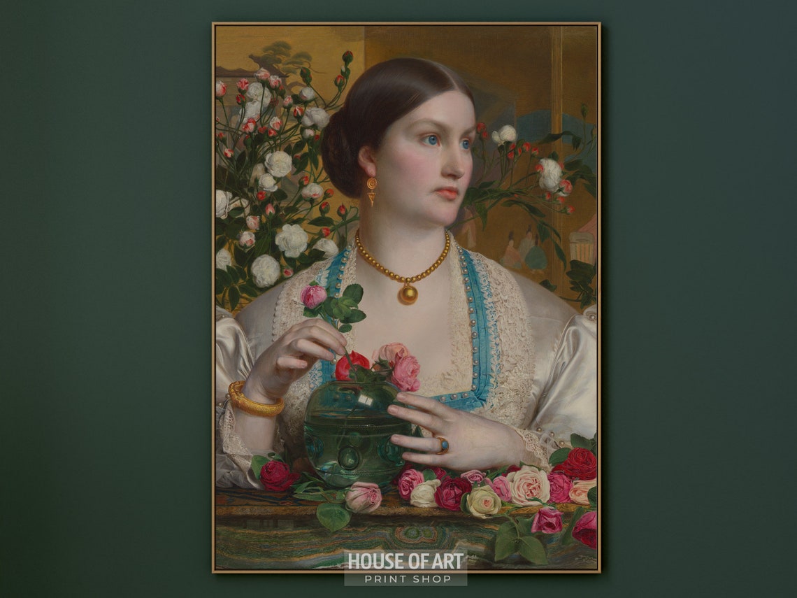 Portrait Of A Woman With Roses Artwork Young Lady And Flowers Instant Print Fair Bejewelled Grace Oil Painting - Image 3