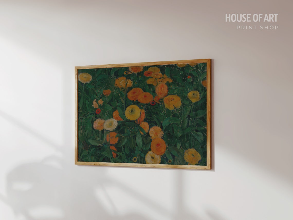 Orange Marigolds Blooming In Dark Garden Oil Painting Floral Wall Art - Image 3